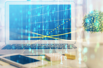 Multi exposure of desktop computer and technology theme hologram. Concept of software development.