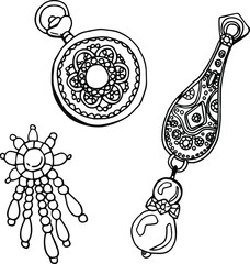 Accessories for women 1920 years. Brooch, medallion, earrings. Art Deco style. Line art style. Stock illustration. Isolated white.