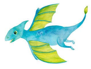Watercolor Cartoon Dinosaur Pterodactyl Isolated on a White Background. Colorful  Childish Hand Drawn Illustration