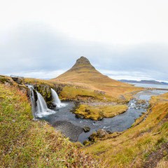 Kirkjufell in Iceland Kirkjufellsfoss waterfall square panorama of fall and famous mountain