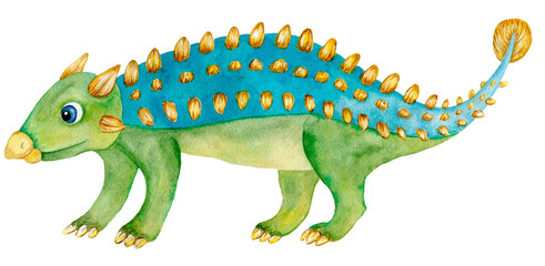 Watercolor Cartoon Dinosaur Ankylosaurus Isolated on a White Background. Colorful Hand Drawn Illustration