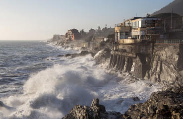 Rough sea in Genoa Nervi,  ligurian coast, Italy