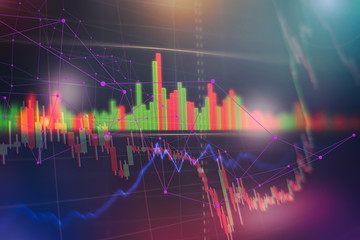Technical price graph and indicator, red and green candlestick chart on blue theme screen, market...