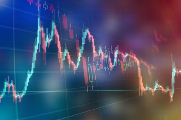Technical price graph and indicator, red and green candlestick chart on blue theme screen, market...