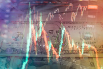 Technical price graph and indicator, red and green candlestick chart on blue theme screen, market...