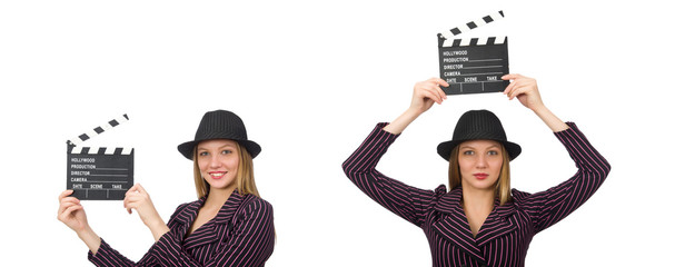 Woman with movie clapboard isolated on white