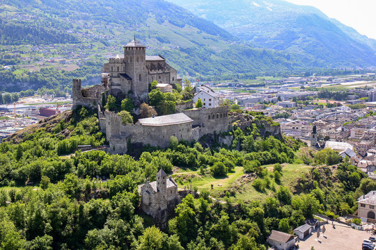 Sion / Sitten, Switzerland - Apri 20. 2017: Basilique and castle Notre-Dame de Valere, Sion, Switzerland. It is the landmark of the Sion City.