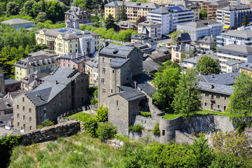 Fototapeta premium Castle ruins and Sion / Sitten city view from above, Switzerland
