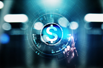 Dollar icons on virtual screen. Currencies Forex trading and financial market concept. Digital banking and growth.