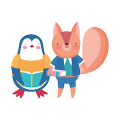 Fototapeta premium back to school, squirrel penguin with books cartoon