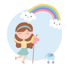 Obraz na płótnie Canvas kids zone, cute little girl with horse and elephant with toys