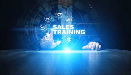 Sales training, business development and financial growth concept on virtual screen.