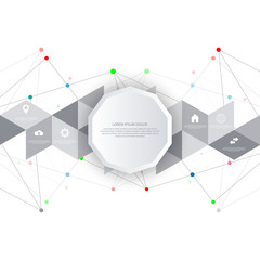 Information technology with infographic elements and flat icons. Abstract background with connecting dots and lines. Global network connection, digital technology and communication concept.