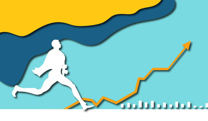 Silhouette of running businessman. Paper cut design background with space for text.