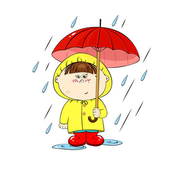 Cute Cartoon Baby In The Rain With A Red Umbrella. Beautiful Illustration With Kids For Your Design.