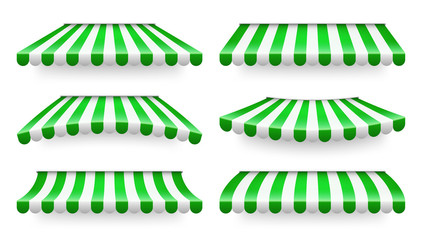 Shop sunshade. Realistic striped cafe awning. Outdoor market tent. Roof canopy. Summer street store. Vector illustration.