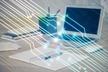 Double exposure of computer and technology theme drawing. Concept of innovation.