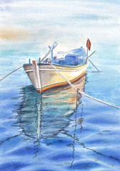 Boat in water, watercolor illustration