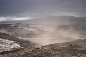 Volcanic landscape during ash storm on the Fimmvorduhals hiking trail. Iceland