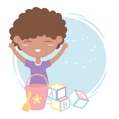 kids zone, cute little boy with bucket shovel and blocks toys