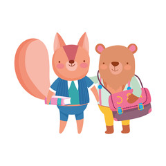 back to school, bear with backpack squirrel with book student cartoon