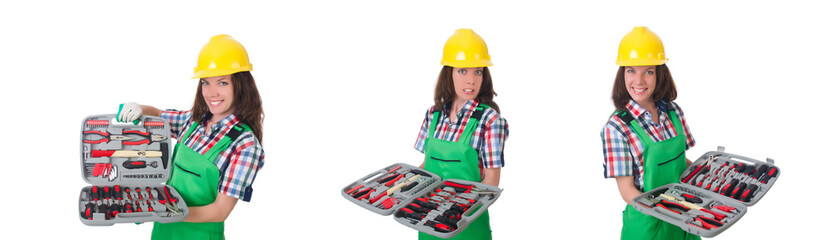 Young woman with toolkit on white