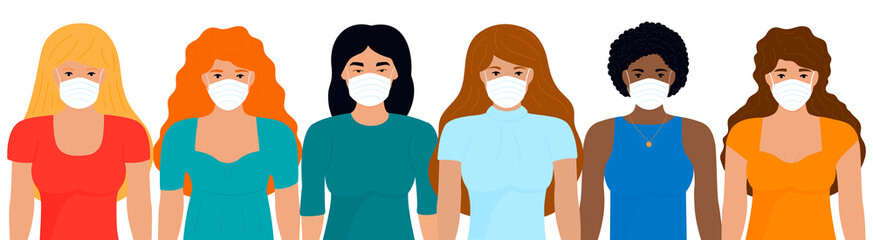 Group of women of different nationalities in white medical face masks. Chinese virus 2019-nCoV. Coronavirus treatment. Concept of quarantine, prevent infection