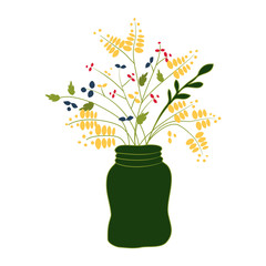 Mixed Yellow flowers and leaves in green jar vector design 