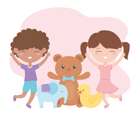 kids zone, happy little boy and girl teddy bear duck and elephant toys