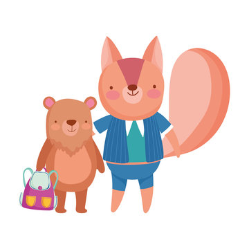 back to school, bear with bag and squirrel cartoon