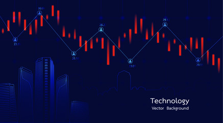 Obraz premium City background Financial graph on night city scape with tall buildings background double exposure. Economic growth graph chart. Vector illustration.
