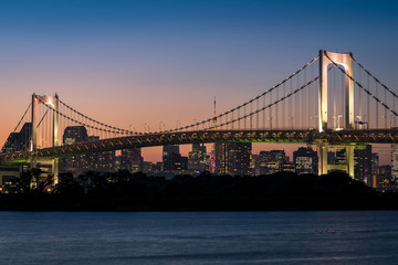 Fototapeta na wymiar Rainbow bridge with night illumination and Tokyo cityscape