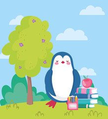back to school, penguin apple on books pencil color outdoor