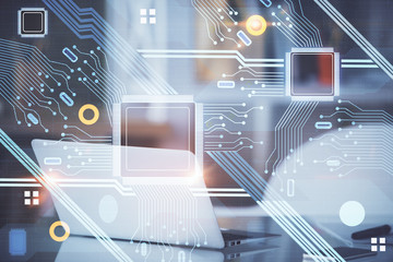 Technology theme drawing and table with computer. Multi exposure. Concept of information.