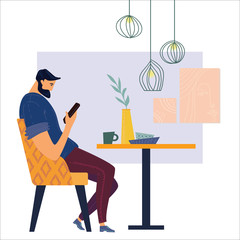 People using Smartphone in cafe. Phone addict and social media concept. flat character design vector illustration