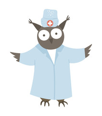 Vector animal doctor. Cute funny owl character. Medical picture for children. Hospital illustration isolated on white background. .