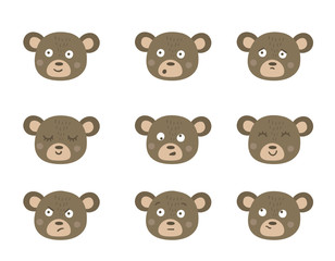 Vector bear faces with different emotions. Set of animal emoji stickers. Heads with funny expressions isolated on white background.