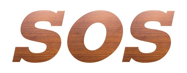 SOS with brown wooden texture on white background.