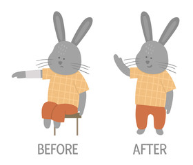 Vector ill animal versus healthy. Cute hare with bandage on its arm. Funny patient characters. Medical illustration for children. Before and after illness picture. Recovery concept.