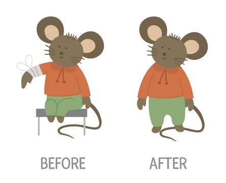 Vector ill animal versus healthy. Cute mouse with bandage on its arm. Funny patient characters. Medical illustration for children. Before and after illness picture. Recovery concept.