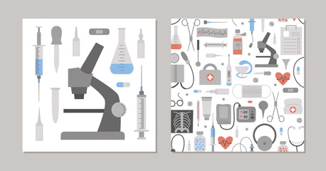 Set of vector medicine square card templates. Brochure, flyer, banner pre-made designs with cute cartoon medical elements. Health care flat illustration. .