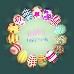 Set of colorful easter eggs arrange in circle shape with text in middle place on green background.