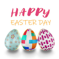 Group of colorful easter eggs with text on white background.