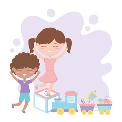 kids zone, cute little boy and girl on block with train toys