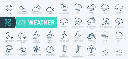Weather Icons Pack. Thin line icons set. Flaticon collection set. Simple vector icons - obrazy, fototapety, plakaty