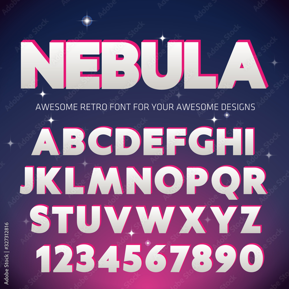 Poster retro 3d font with vivid shadow. vintage alphabet on retro sci-fi background. vector futuristic synt