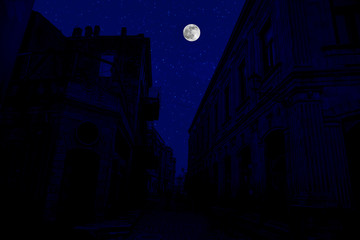 Full moon over the city at night, Baku Azerbaijan. Big full moon shining