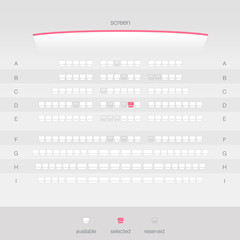 Cinema Ticket Booking Light Theme. Movie ticket reservation UI design template. Vector illustration of top view cinema screen and seats.
