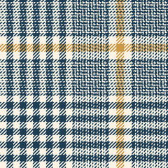 Glen pattern. Traditional seamless hounds tooth tartan check plaid background in dark blue, gold, and off white for blanket, duvet cover, or other modern autumn fashion fabric print.