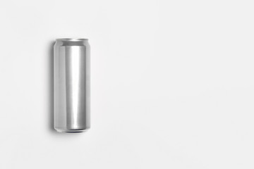 Aluminum silver Soda Can Mock-up isolated on light gray background.High resolution photo.Top view.